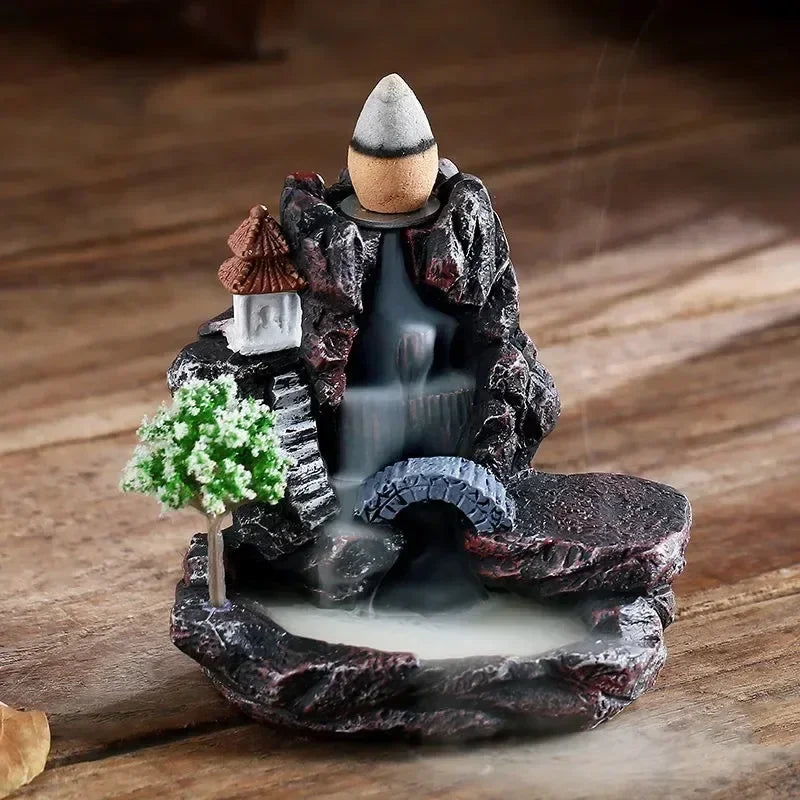 Small Mountain and Realistic Waterfall Monument with Holder for Relaxing Incense