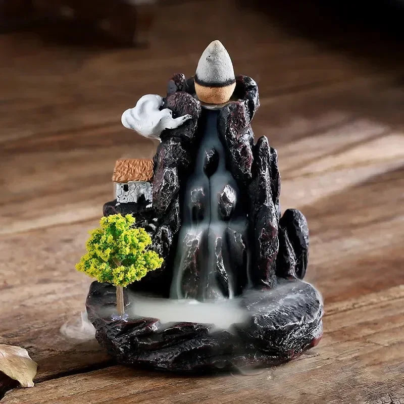 Small Mountain and Realistic Waterfall Monument with Holder for Relaxing Incense