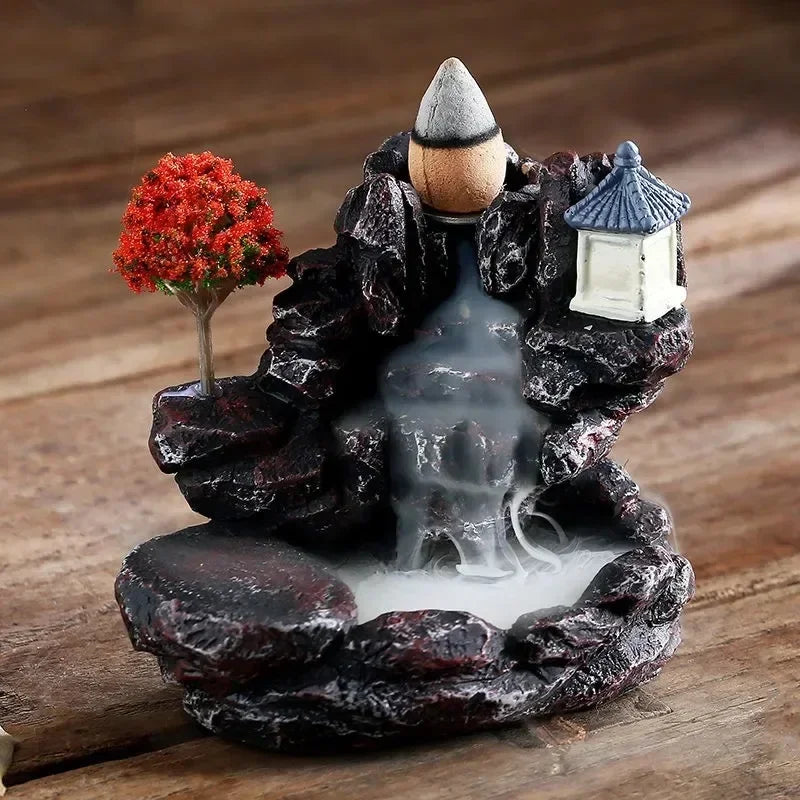Small Mountain and Realistic Waterfall Monument with Holder for Relaxing Incense