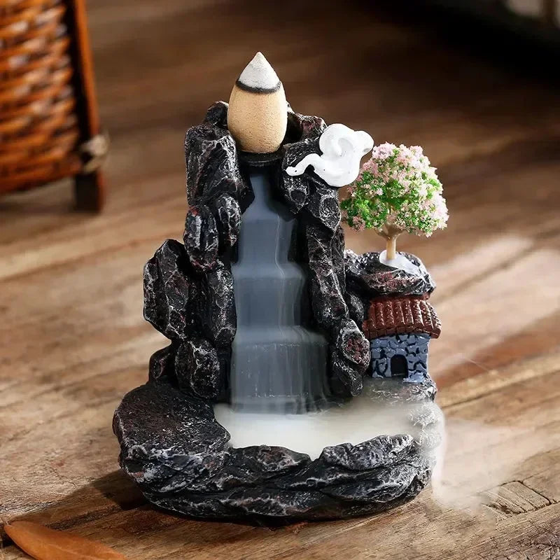 Small Mountain and Realistic Waterfall Monument with Holder for Relaxing Incense